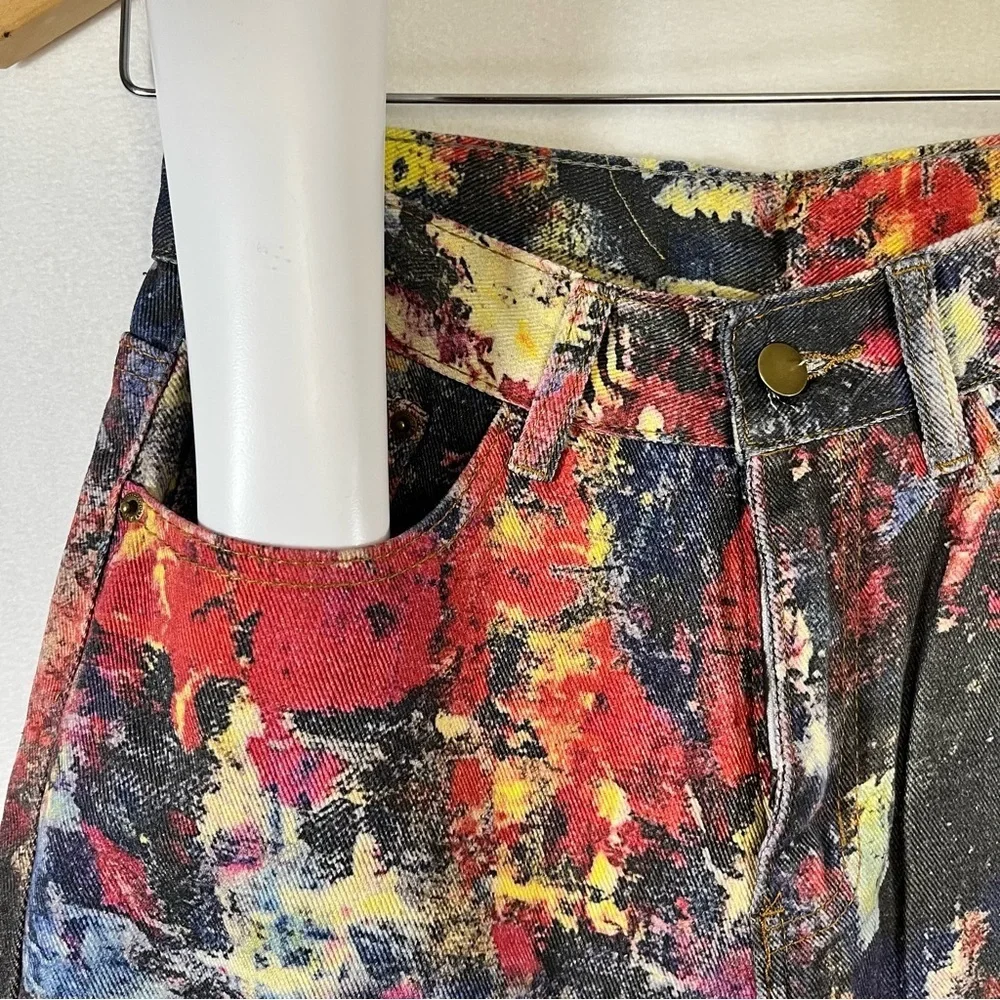 NWOT Y2K Jeans Denim Wide Leg Artistic Paint Splatter Cargo Boho Streetwear Sz S